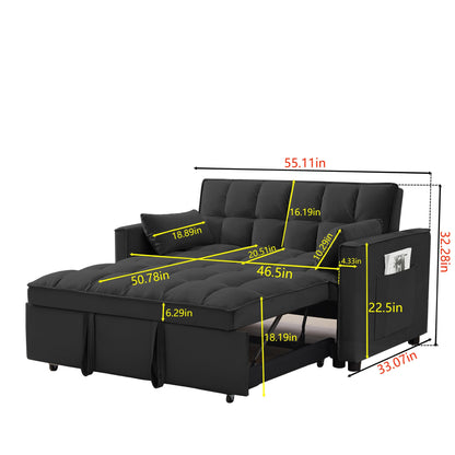 Convertible Velvet Loveseat with Reclining Backrest, Pullout Bed & Toss Pillows, Perfect for Small Spaces