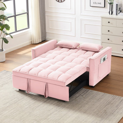 Convertible Velvet Loveseat with Reclining Backrest, Pullout Bed & Toss Pillows, Perfect for Small Spaces