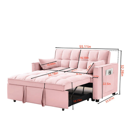 Convertible Velvet Loveseat with Reclining Backrest, Pullout Bed & Toss Pillows, Perfect for Small Spaces