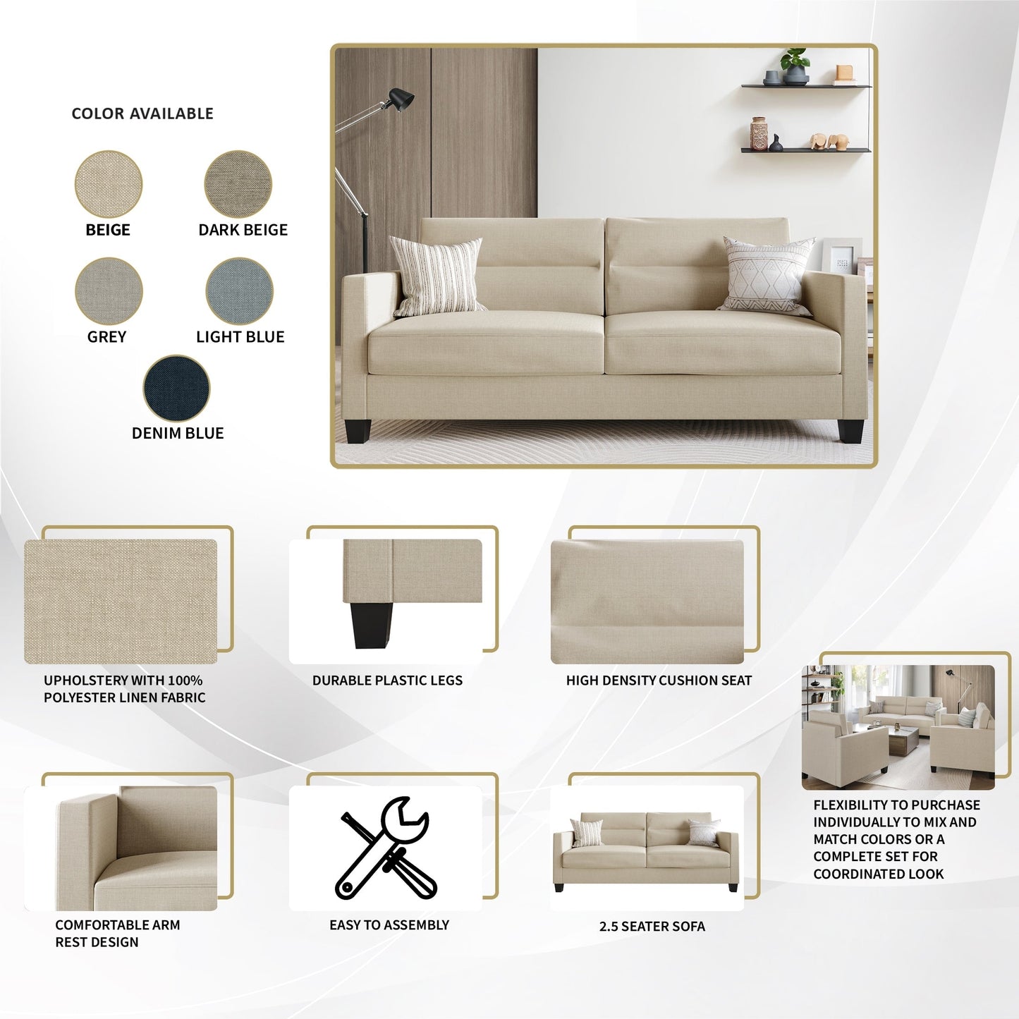 CraftPorch Clean and Minimalist Linen Upholstered Sofa
