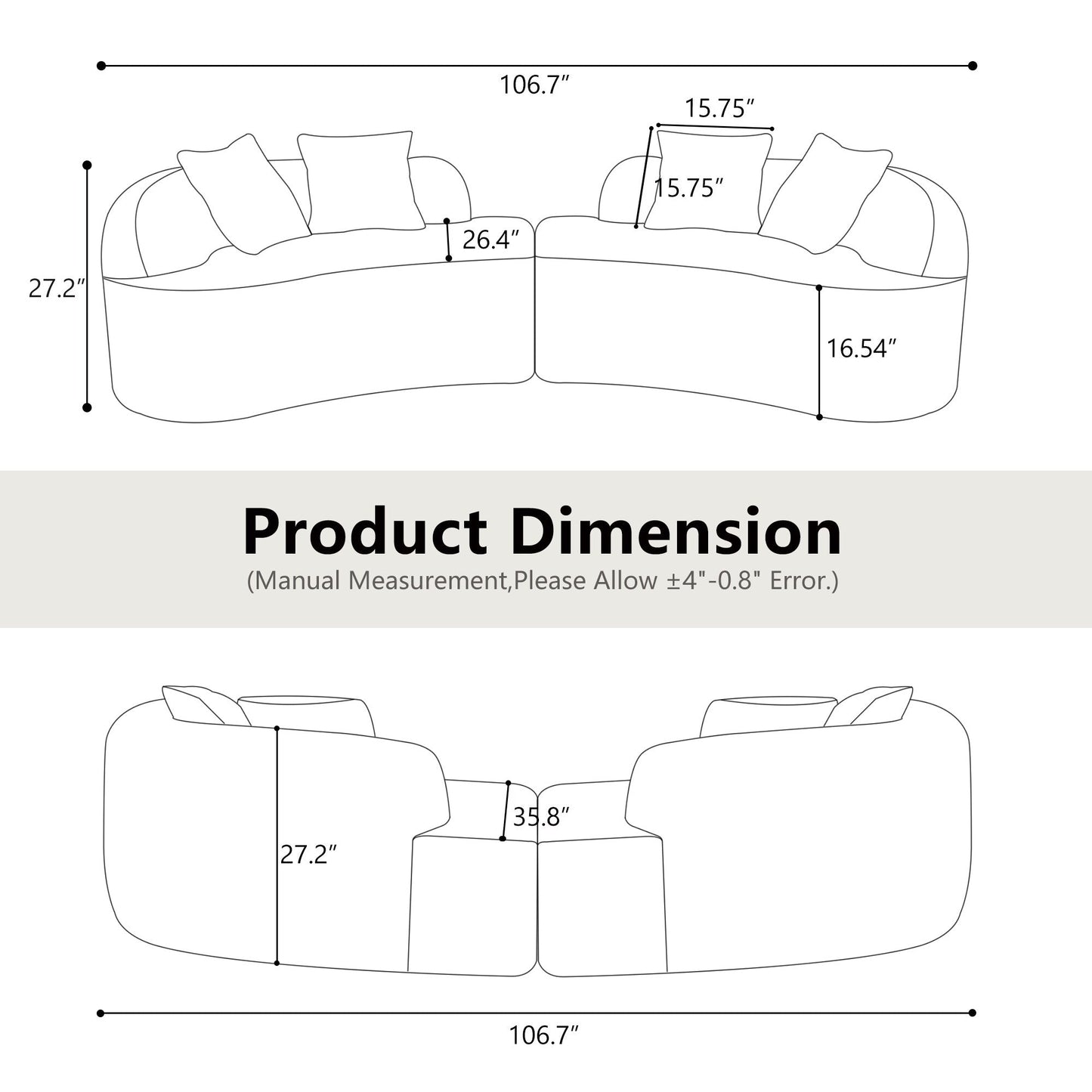Curved Four Seater White Full Compression Sponge Sofa, No-Assembly Compact Sofa for Small Spaces & Apartments