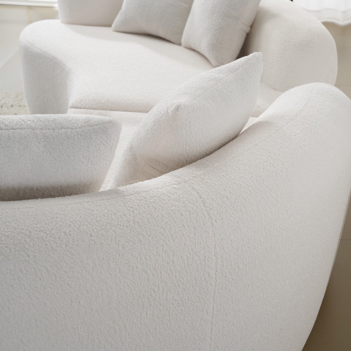 Curved Four Seater White Full Compression Sponge Sofa, No-Assembly Compact Sofa for Small Spaces & Apartments
