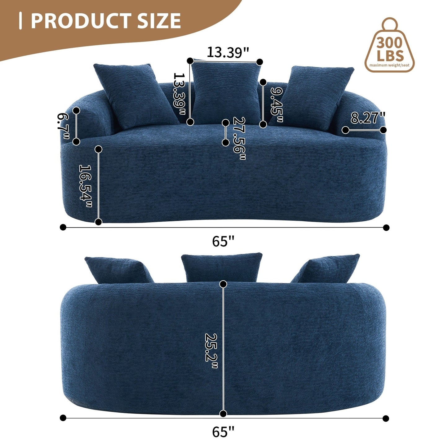 Curved Loveseat Full Compression Sponge 30D Sofa Chenille No-Assembly