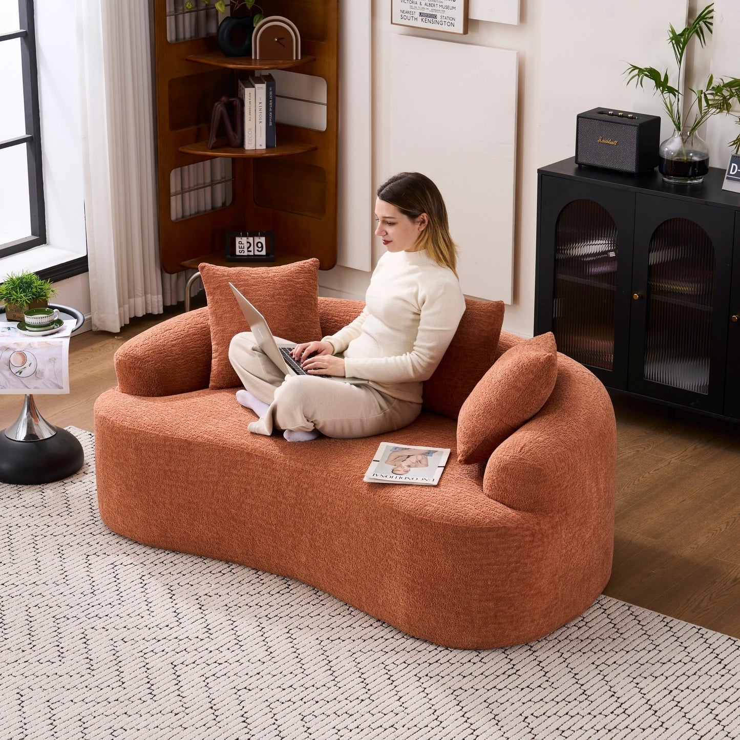 Curved Loveseat Full Compression Sponge 30D Sofa Chenille No-Assembly