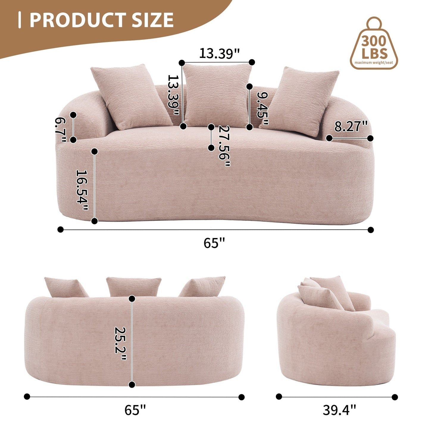 Curved Loveseat Full Compression Sponge 30D Sofa Chenille No-Assembly