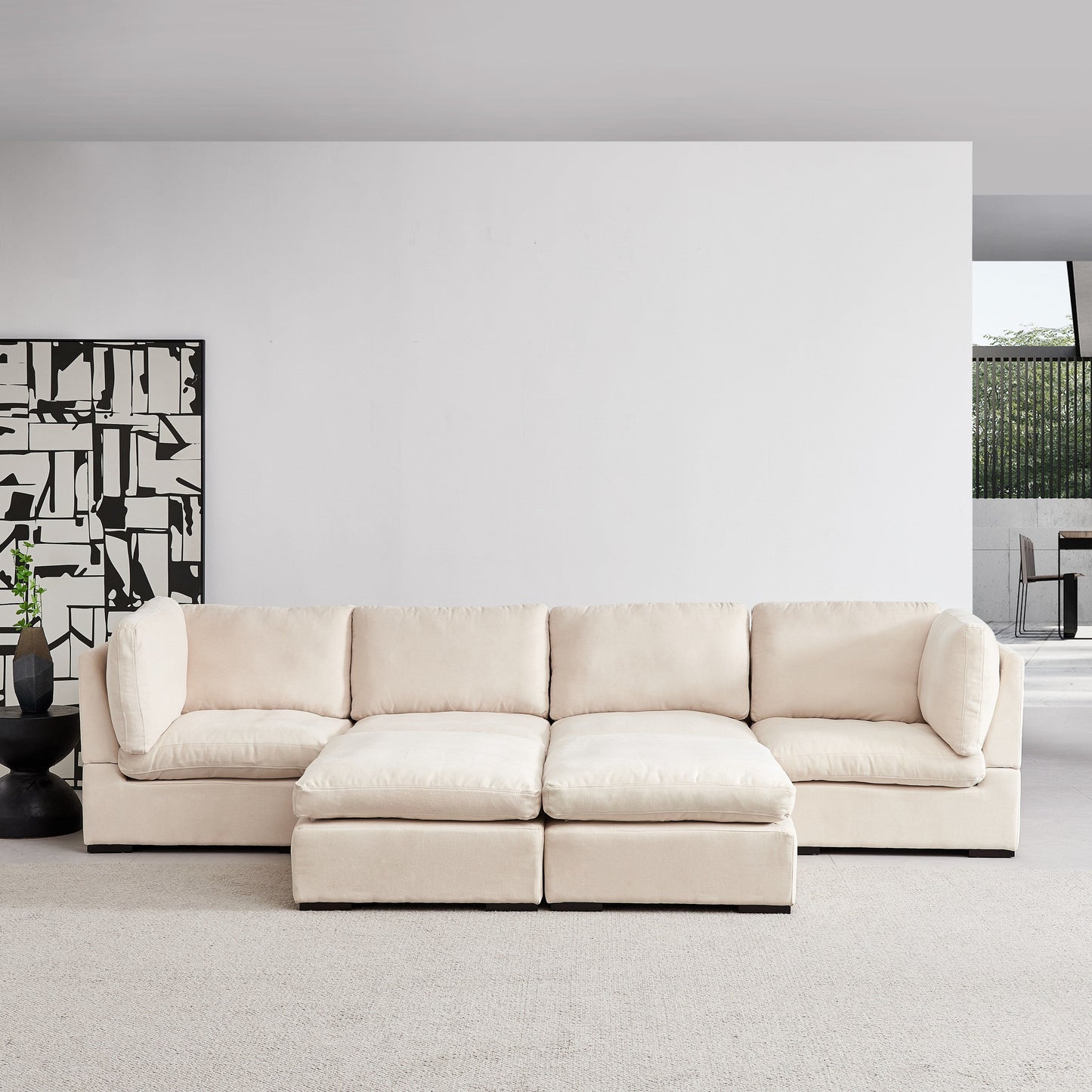 Customizable Modular Sofa with Ottoman - Soft Linen Upholstery and Down Cushioning for Cozy Relaxation