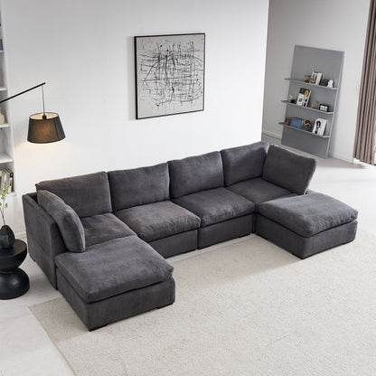 Customizable Modular Sofa with Ottoman - Soft Linen Upholstery and Down Cushioning for Cozy Relaxation