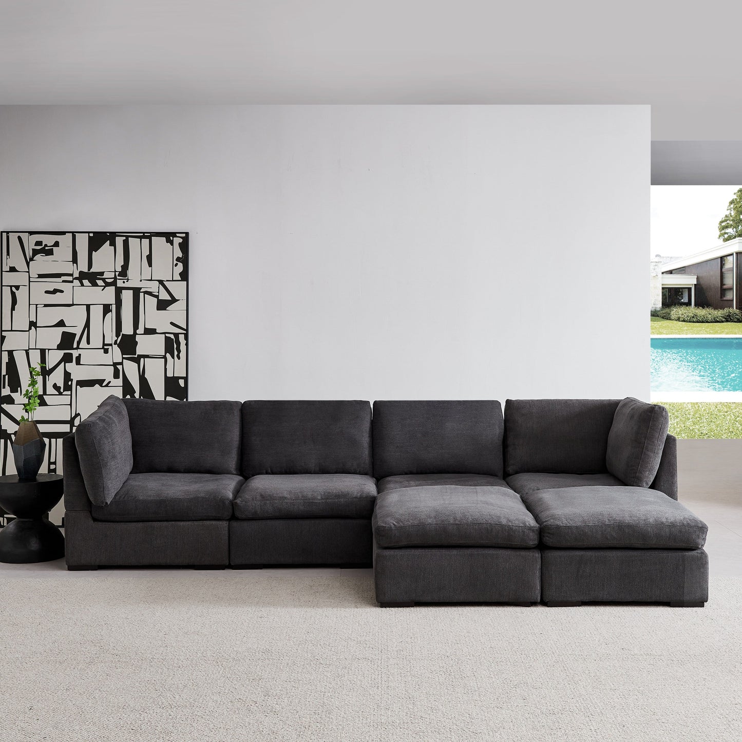 Customizable Modular Sofa with Ottoman - Soft Linen Upholstery and Down Cushioning for Cozy Relaxation