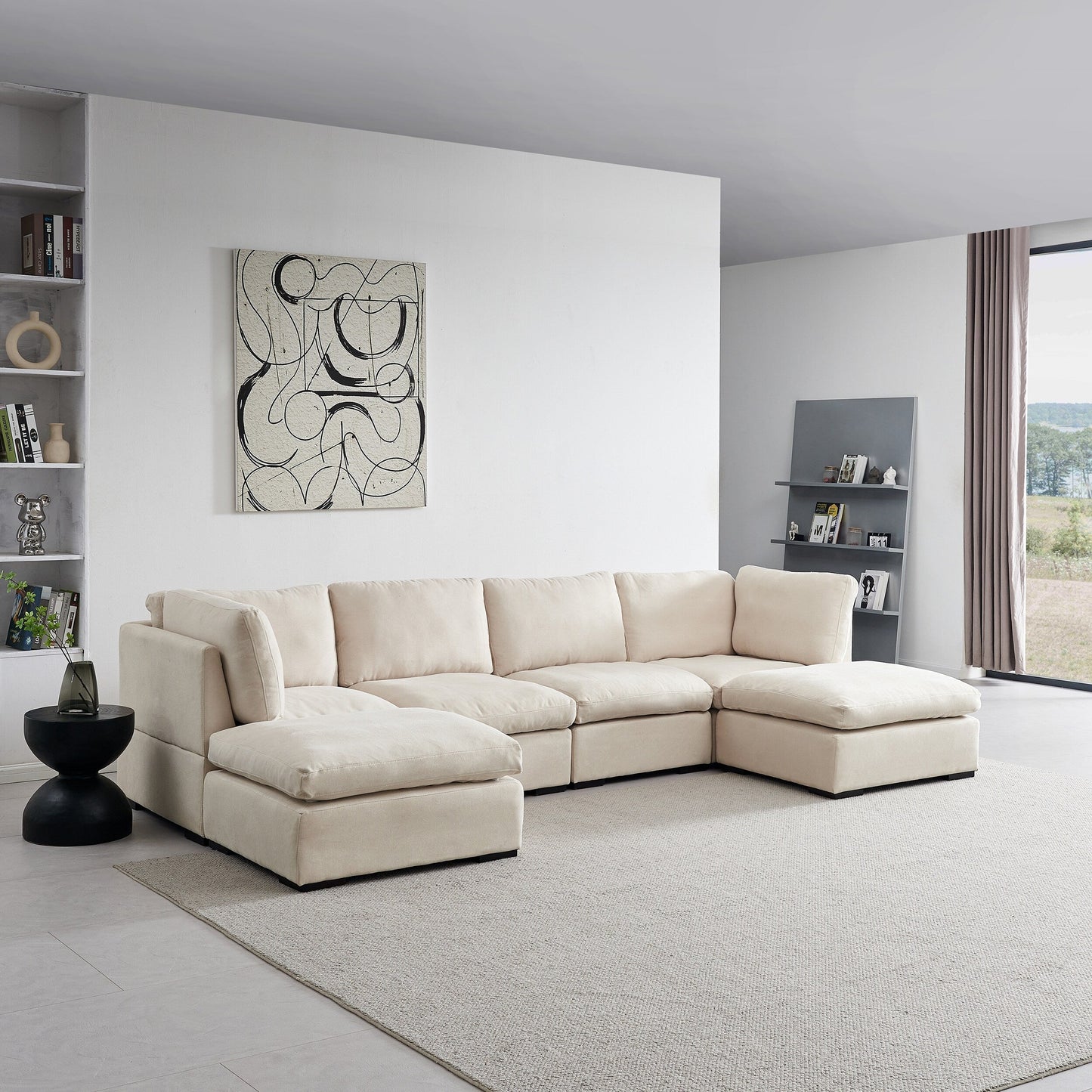 Customizable Modular Sofa with Ottoman - Soft Linen Upholstery and Down Cushioning for Cozy Relaxation