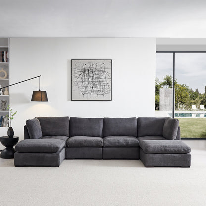 Customizable Modular Sofa with Ottoman - Soft Linen Upholstery and Down Cushioning for Cozy Relaxation