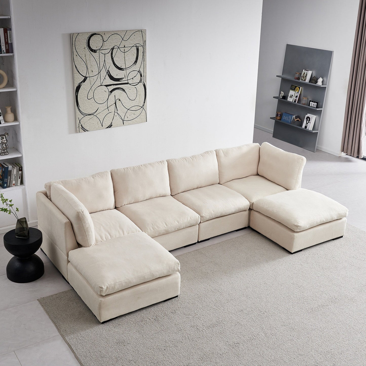 Customizable Modular Sofa with Ottoman - Soft Linen Upholstery and Down Cushioning for Cozy Relaxation