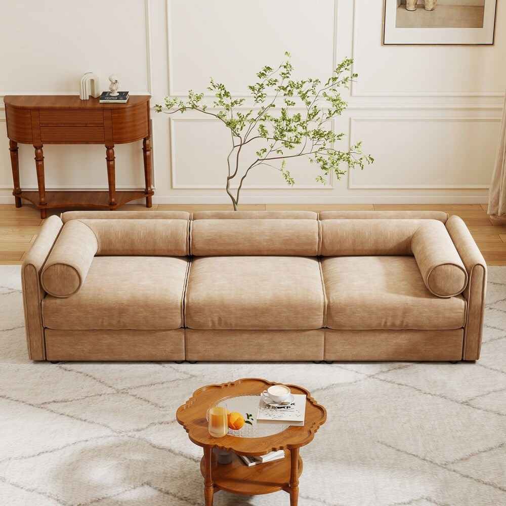 Cylindrical Backrest and Armrests Chenille Sofa with Storage Seat
