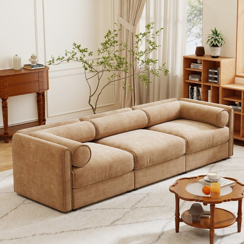 Cylindrical Backrest and Armrests Chenille Sofa with Storage Seat