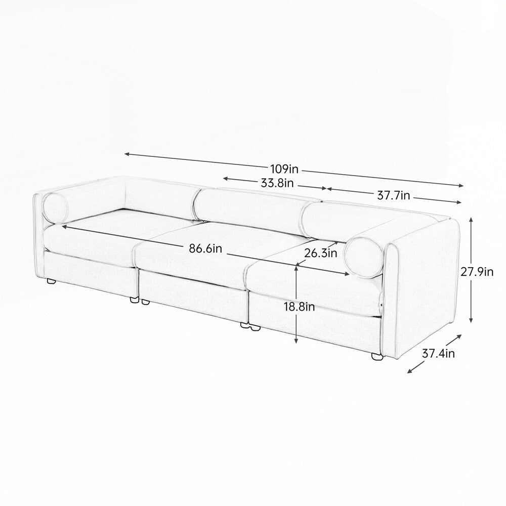Cylindrical Backrest and Armrests Chenille Sofa with Storage Seat