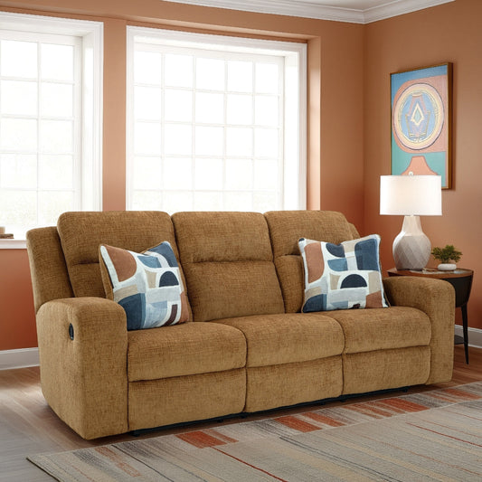 Damon Manual Reclining Sofa, Camel Brown Polyester, 2 Pillows, 86 Inch