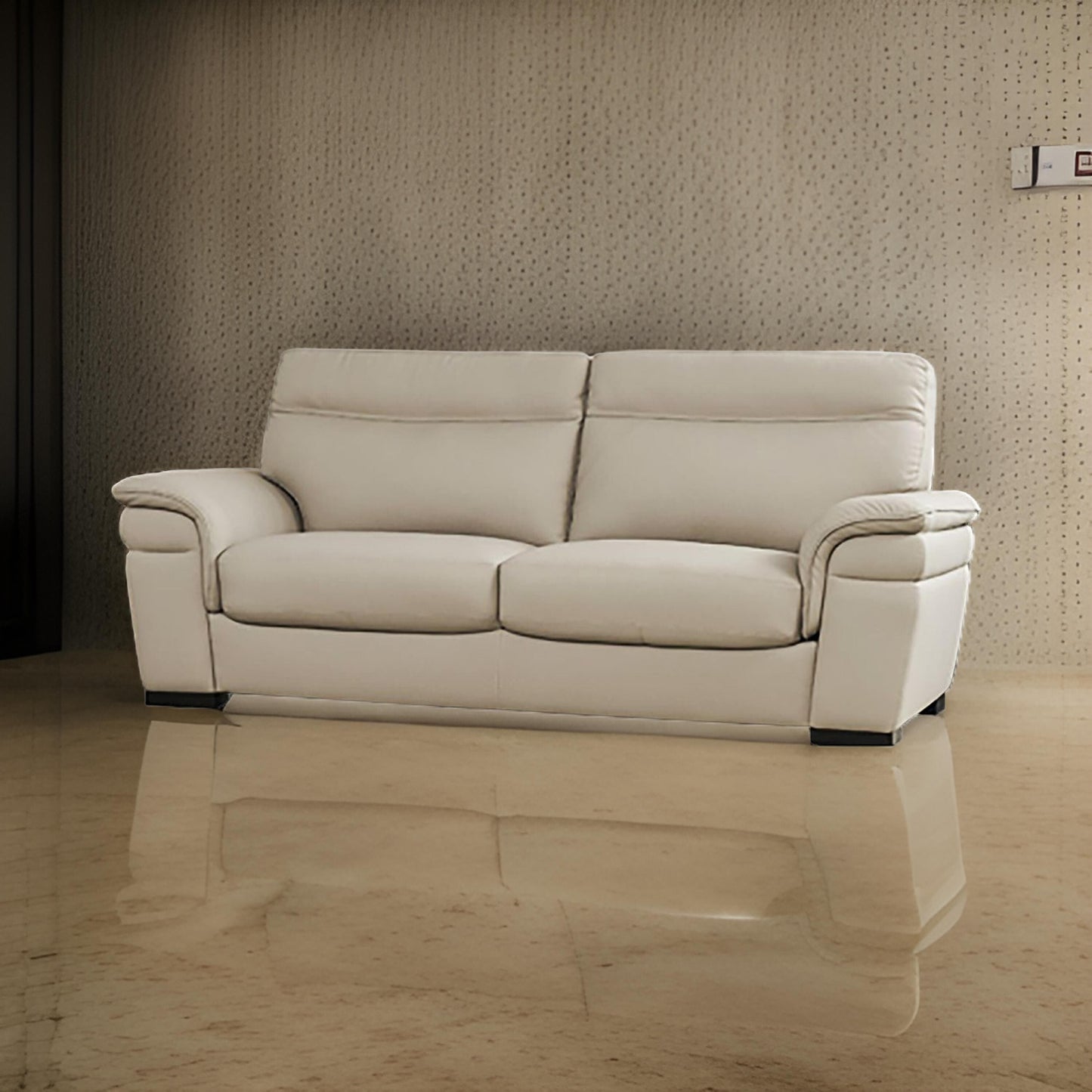 Danny Sofa, Light Gray Italian Leather, Foam Cushions, Wood Legs, 85 Inch