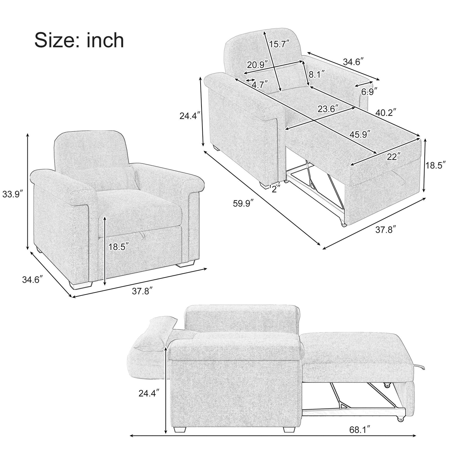 Dark Blue 34.6 3 in 1 Polyester Convertible Pull Out Single Sofa Bed with Pillow and Adjust Backrest for Living Room