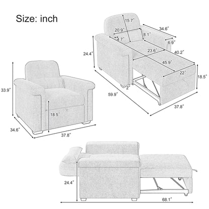 Dark Blue 34.6 3 in 1 Polyester Convertible Pull Out Single Sofa Bed with Pillow and Adjust Backrest for Living Room