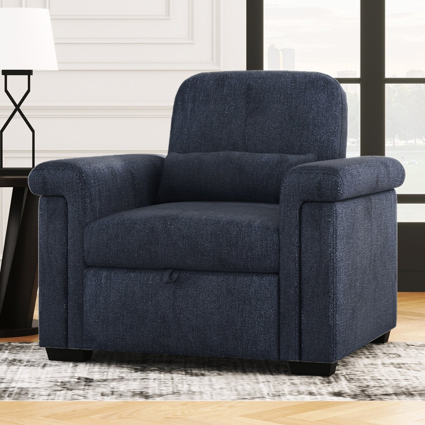 Dark Blue 34.6 3 in 1 Polyester Convertible Pull Out Single Sofa Bed with Pillow and Adjust Backrest for Living Room