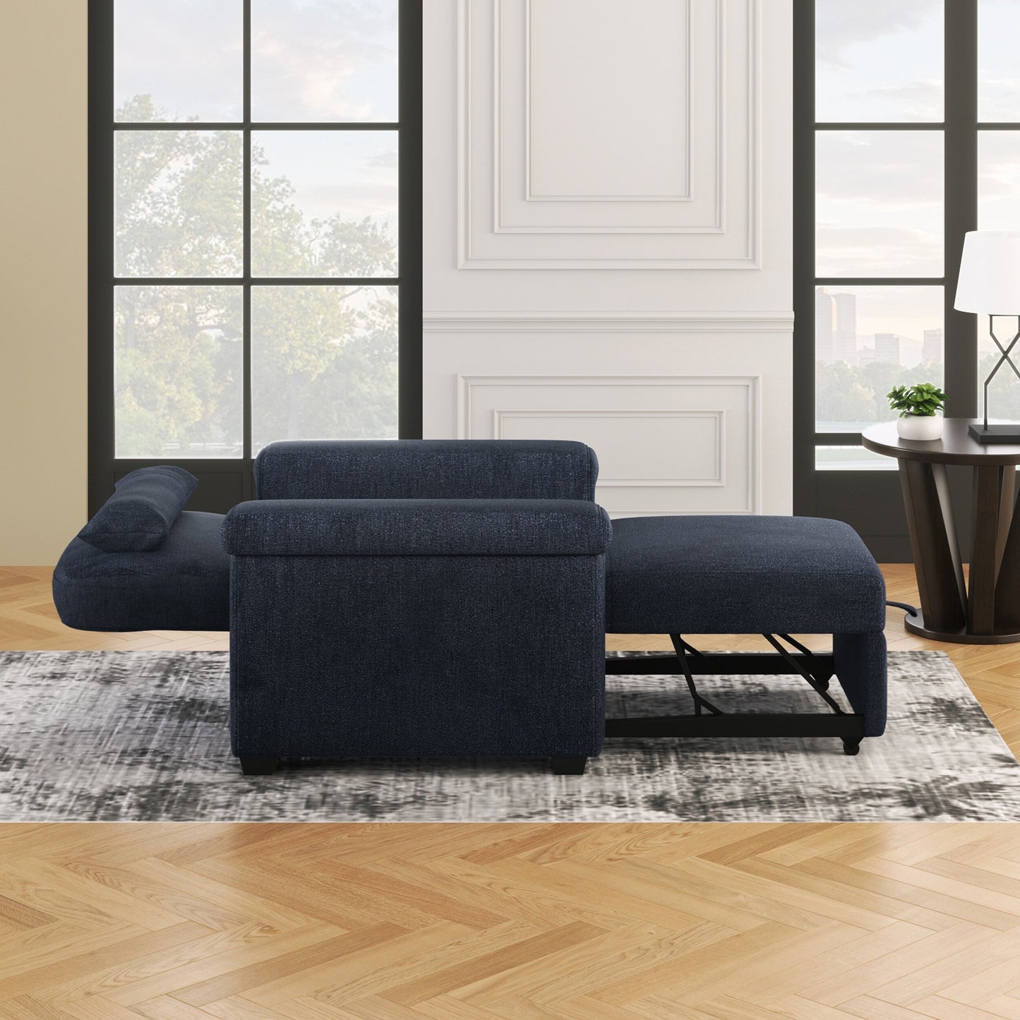Dark Blue 34.6 3 in 1 Polyester Convertible Pull Out Single Sofa Bed with Pillow and Adjust Backrest for Living Room