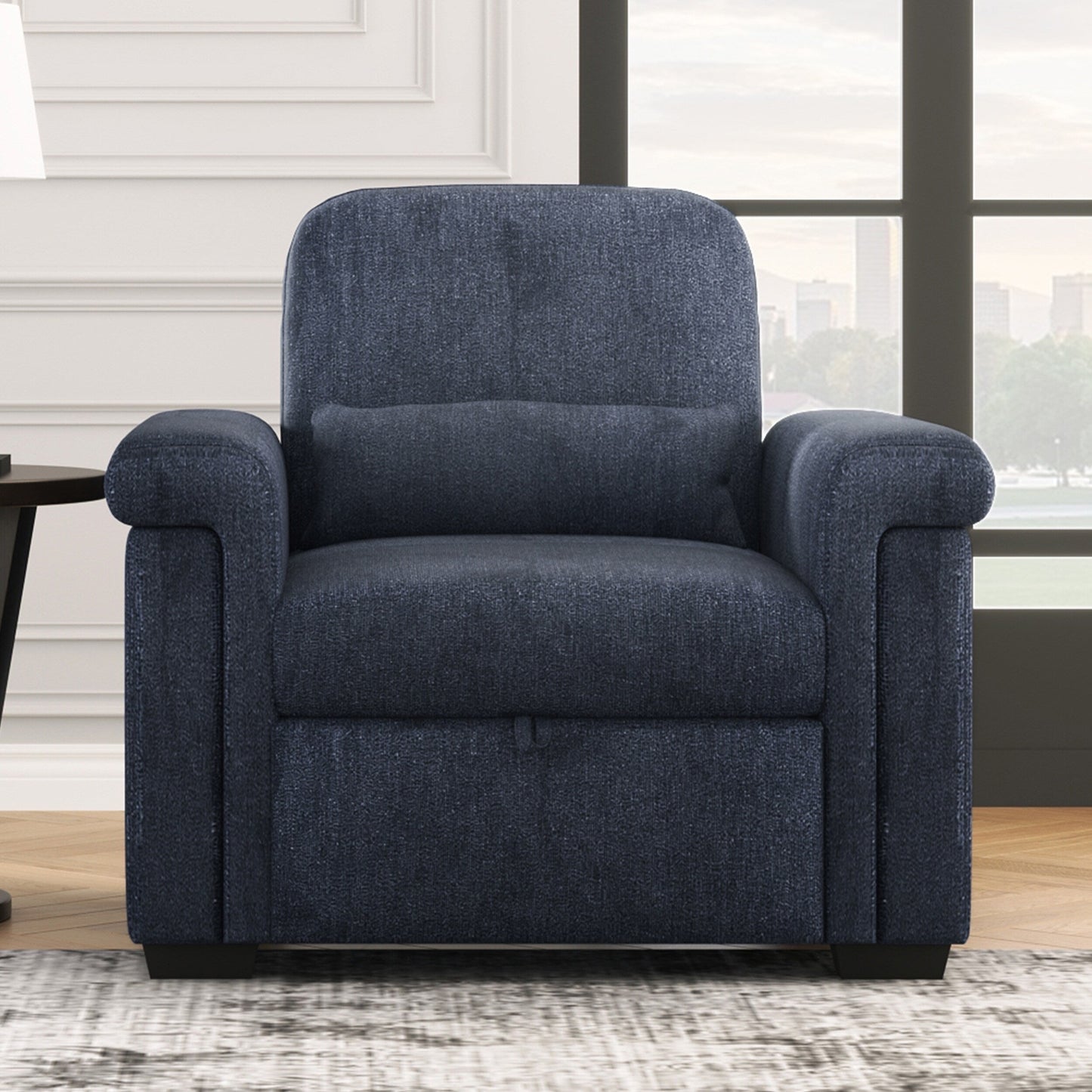 Dark Blue 34.6 3 in 1 Polyester Convertible Pull Out Single Sofa Bed with Pillow and Adjust Backrest for Living Room