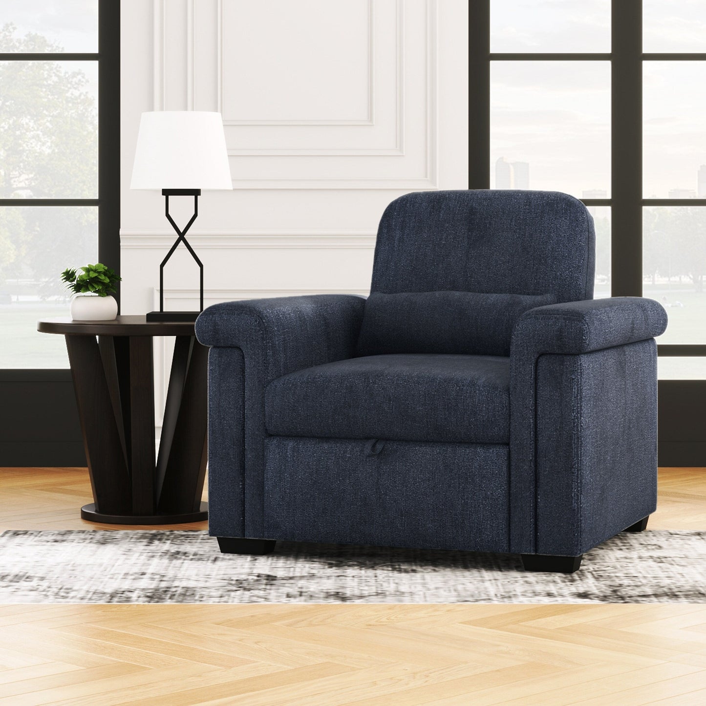 Dark Blue 34.6 3 in 1 Polyester Convertible Pull Out Single Sofa Bed with Pillow and Adjust Backrest for Living Room