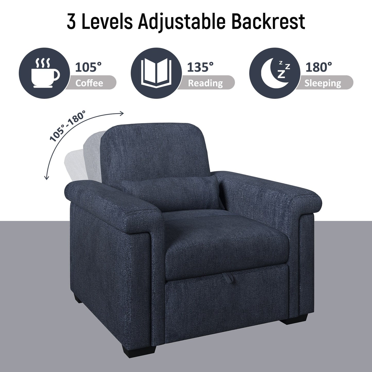 Dark Blue 34.6 3 in 1 Polyester Convertible Pull Out Single Sofa Bed with Pillow and Adjust Backrest for Living Room