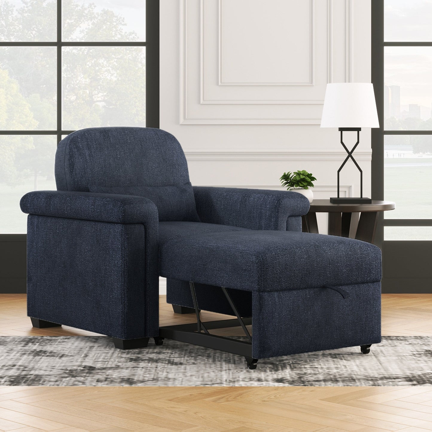 Dark Blue 34.6 3 in 1 Polyester Convertible Pull Out Single Sofa Bed with Pillow and Adjust Backrest for Living Room