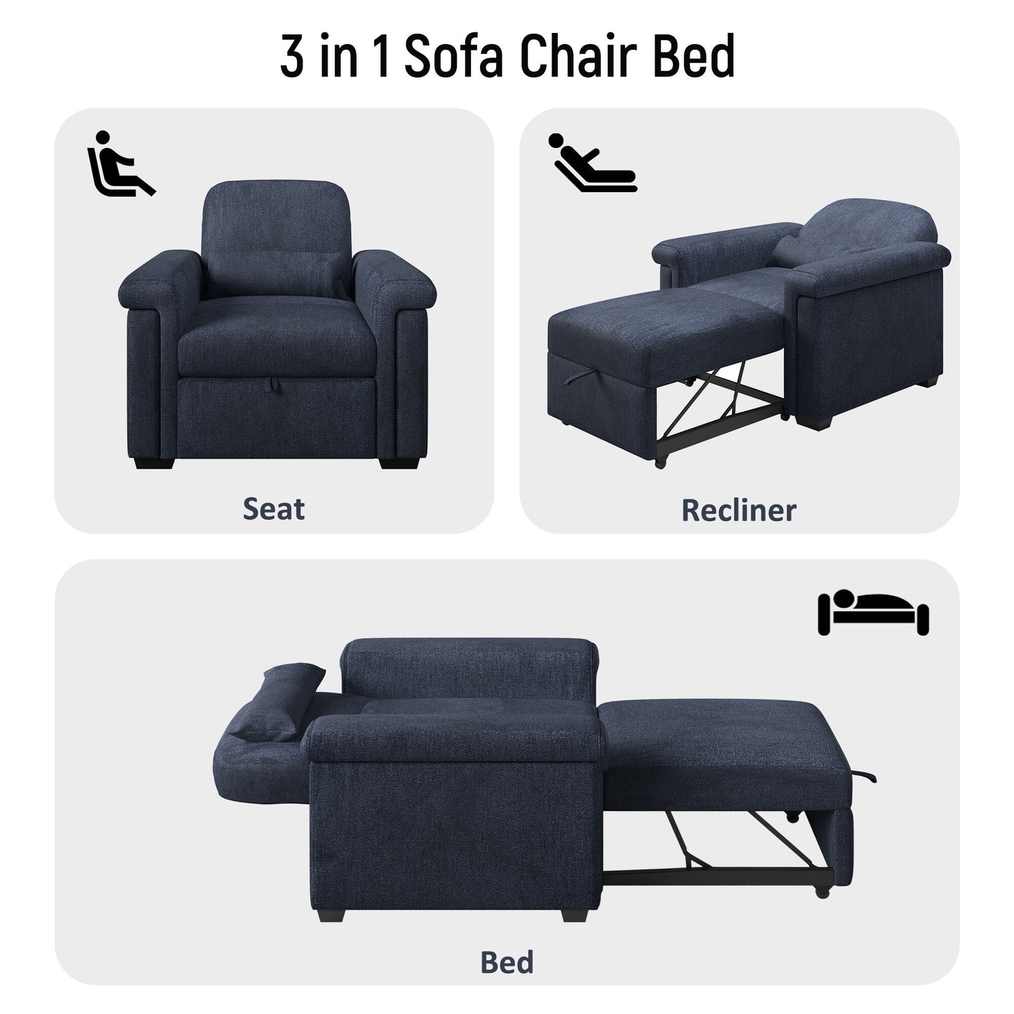 Dark Blue 34.6 3 in 1 Polyester Convertible Pull Out Single Sofa Bed with Pillow and Adjust Backrest for Living Room