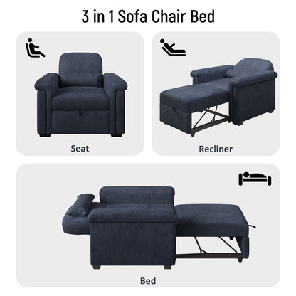 Dark Blue 34.6 3 in 1 Polyester Convertible Pull Out Single Sofa Bed with Pillow and Adjust Backrest for Living Room