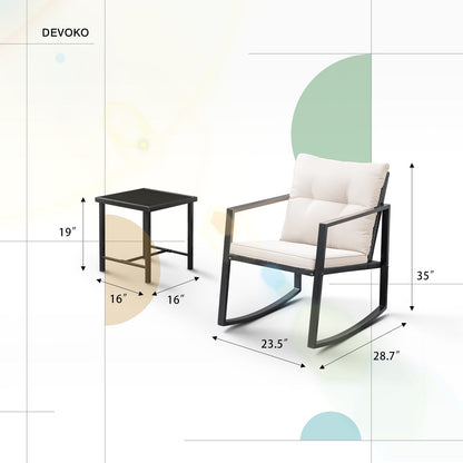 Lacoo 3 Piece Rocking Bistro Set Wicker Patio with Glass Coffee Table