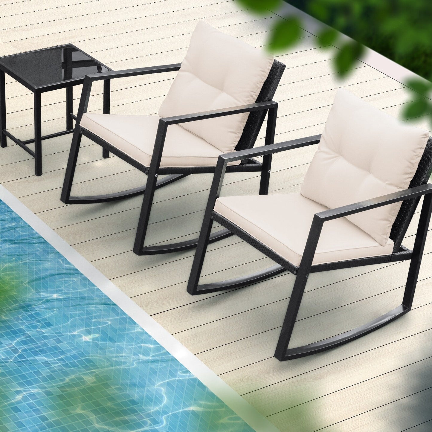 Lacoo 3 Piece Rocking Bistro Set Wicker Patio with Glass Coffee Table