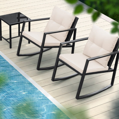 Lacoo 3 Piece Rocking Bistro Set Wicker Patio with Glass Coffee Table