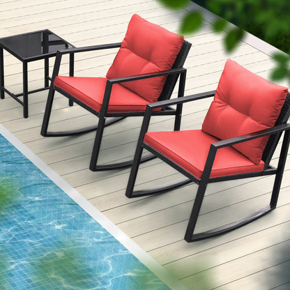 Lacoo 3 Piece Rocking Bistro Set Wicker Patio with Glass Coffee Table