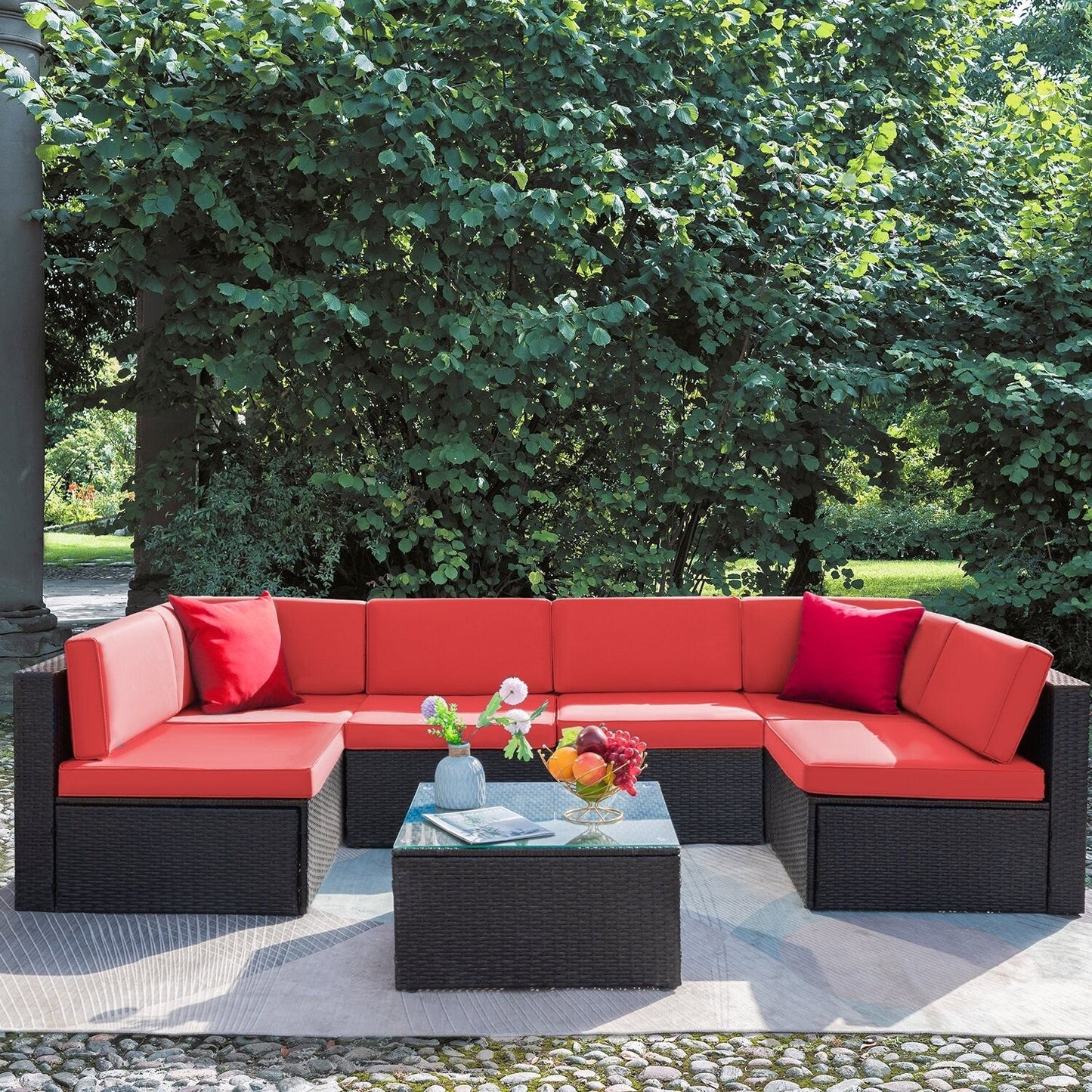 Lacoo 7 Pieces Outdoor Sectional Sofa Wicker Rattan Conversation Sets