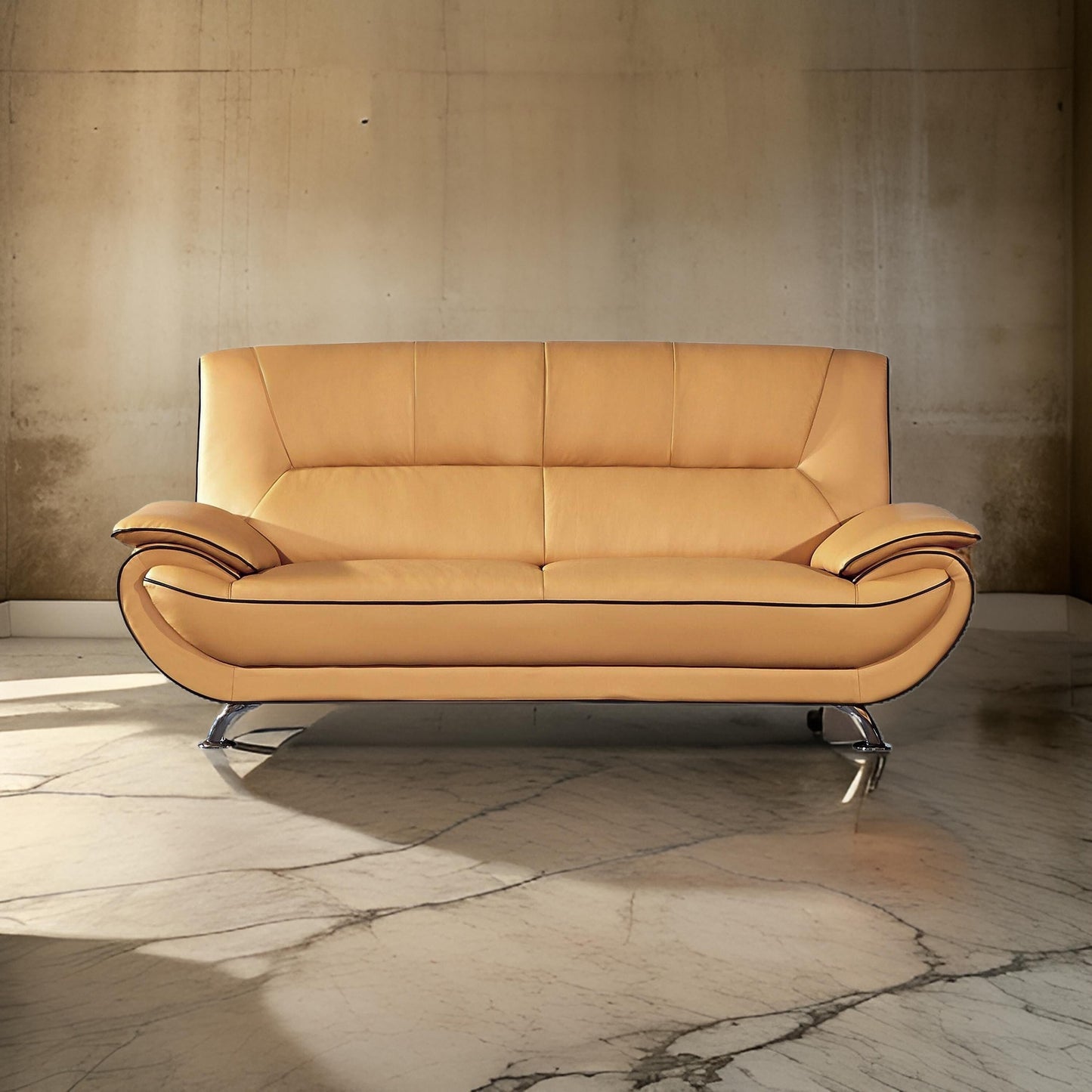 Diana Sofa, Black, Yellow Genuine Leather, Pillow Top Arms, Chrome, 83 Inch