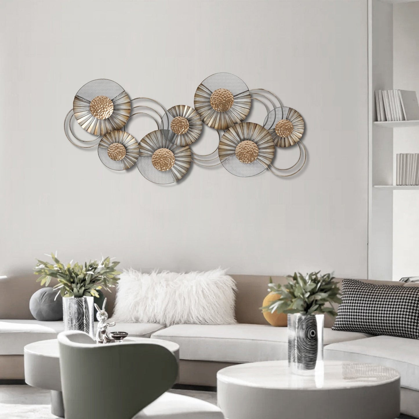Distressed Grey and Gold Metal Modern Flower Wall Decor