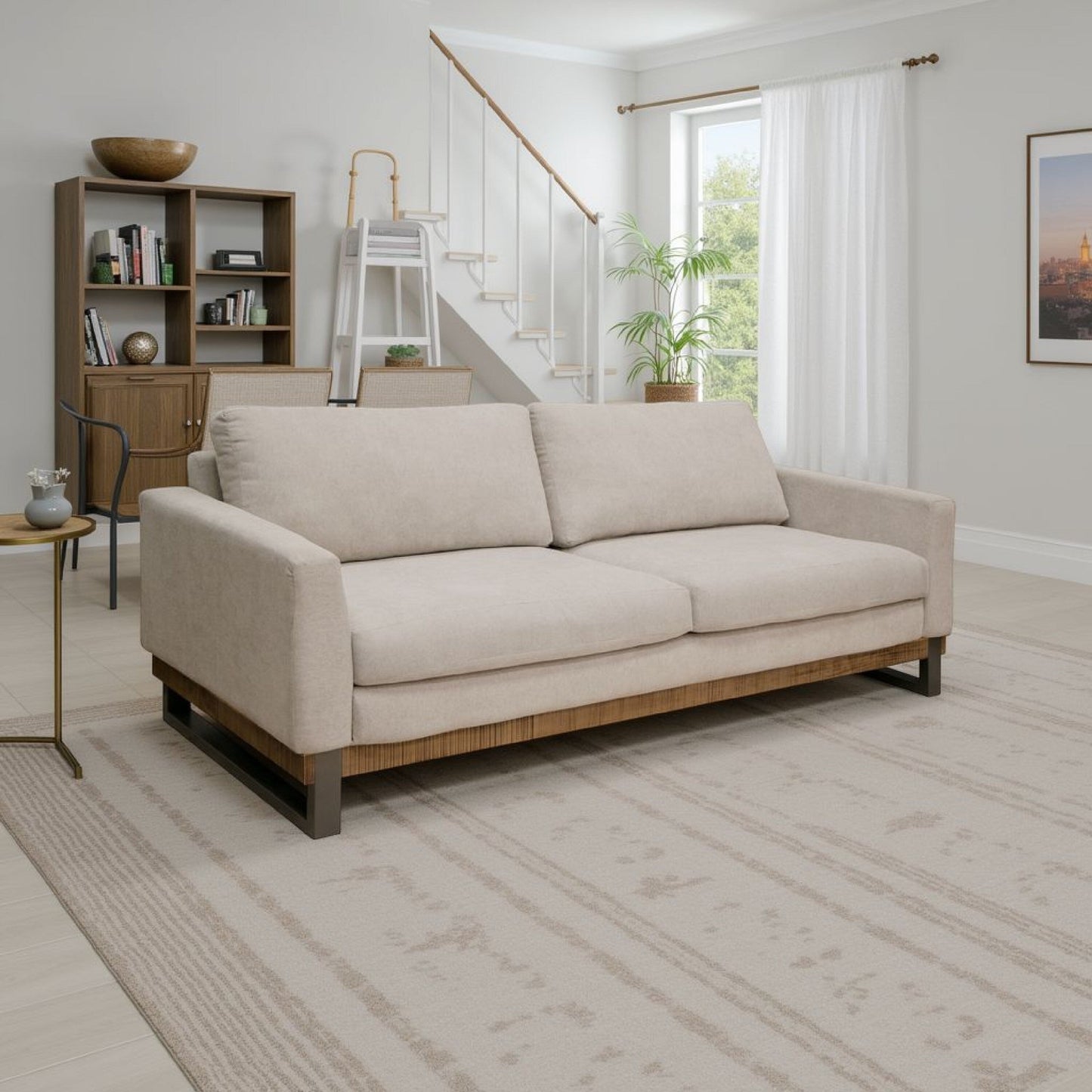 Dome Sofa with 2 Accent Pillows, 86 Inch, Solid Pine Wood, Beige Polyester