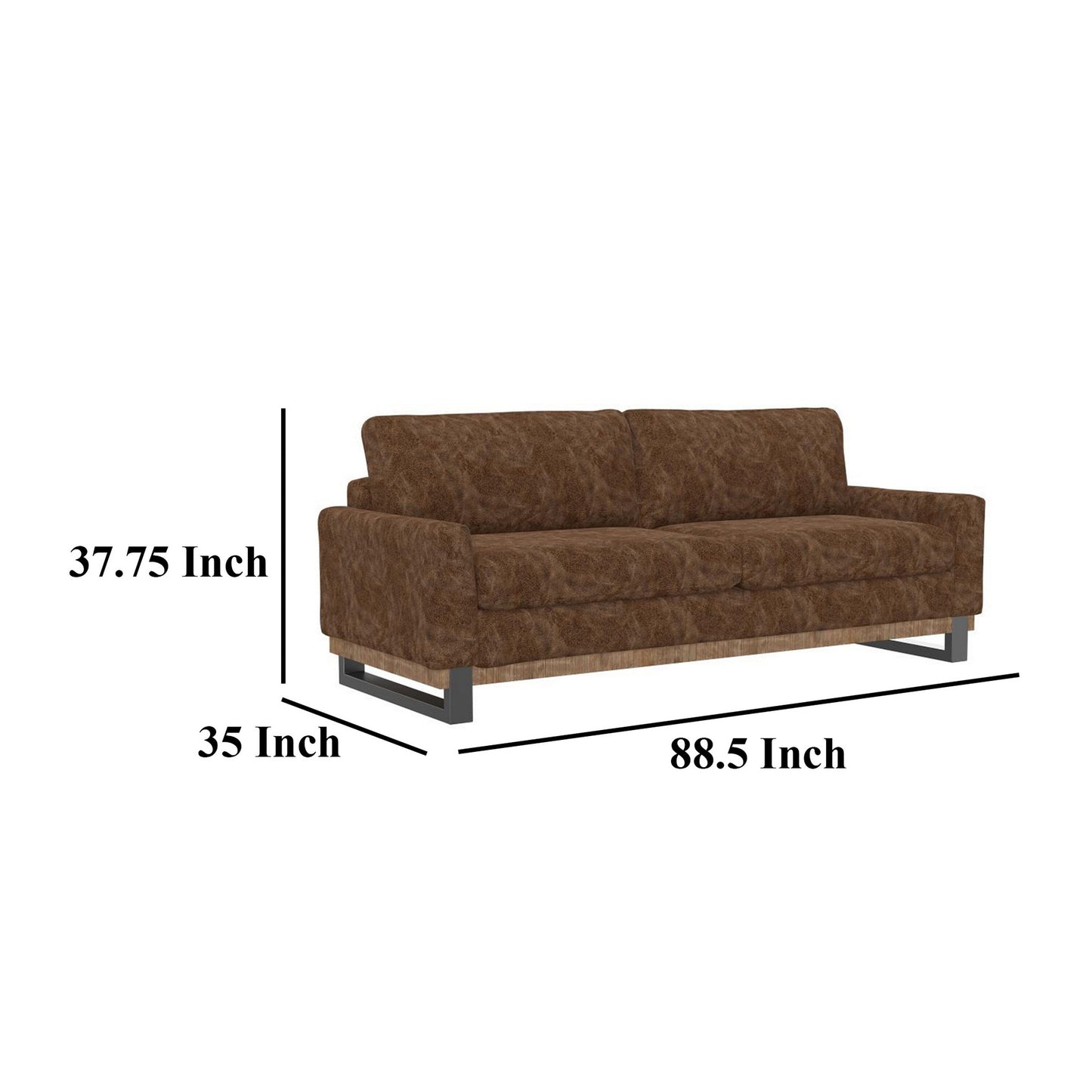 Dome Sofa with 2 Accent Pillows, Pine Wood, Brown Faux Leather 89 Inch