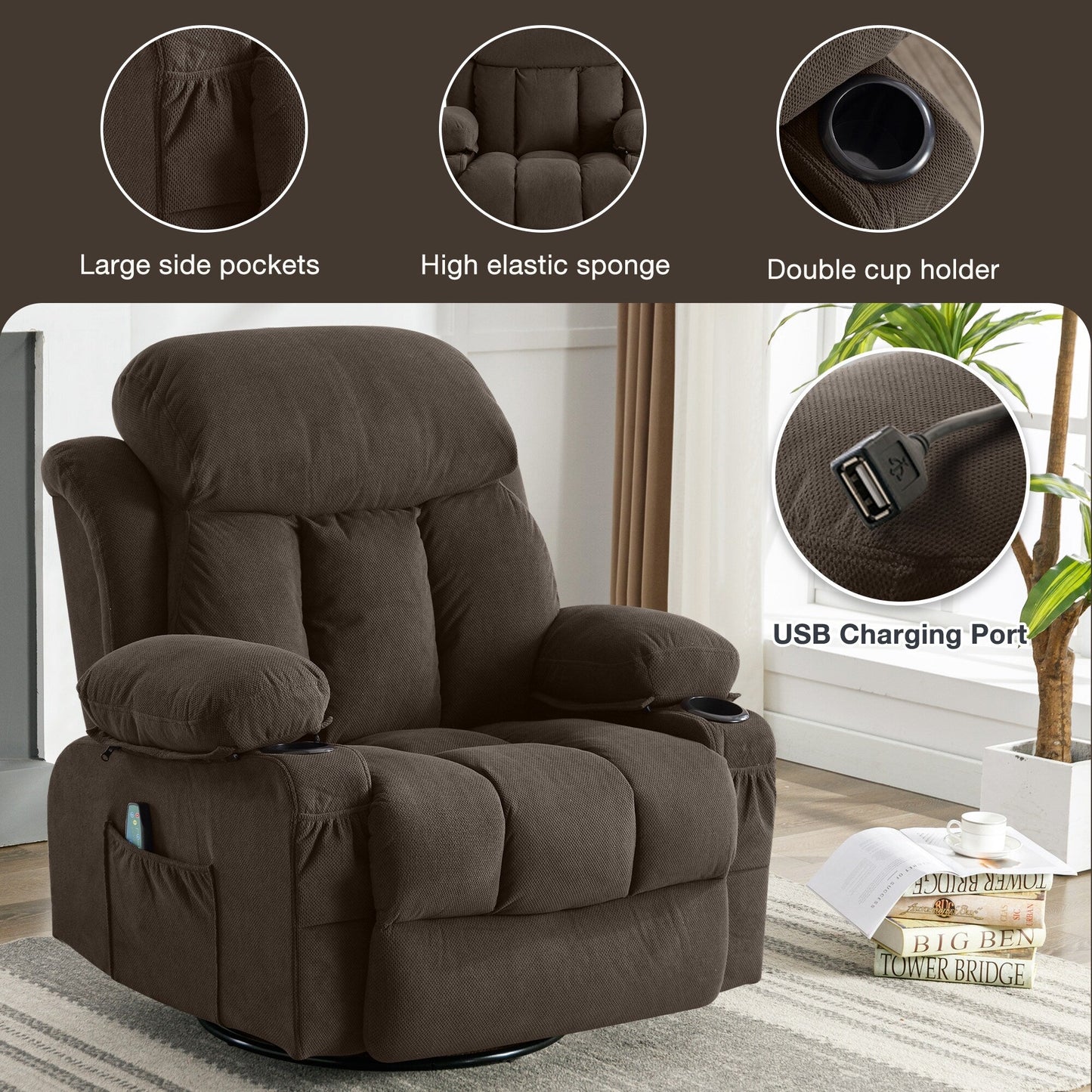 Dotted Velvet Massage Heated Manual Recliner Chair w/360° Swivel Base