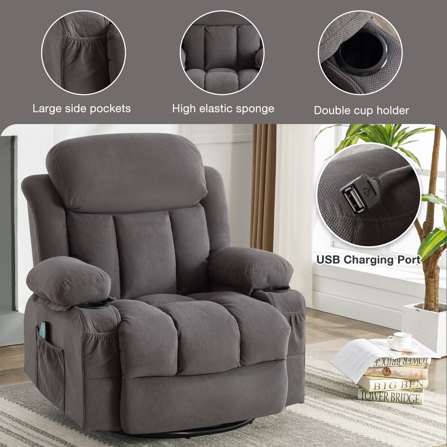 Dotted Velvet Massage Heated Manual Recliner Chair w/360° Swivel Base