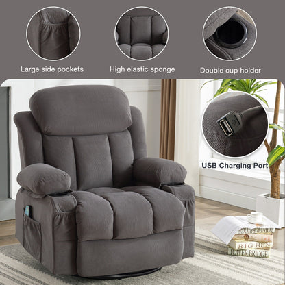 Dotted Velvet Massage Heated Manual Recliner Chair w/360° Swivel Base