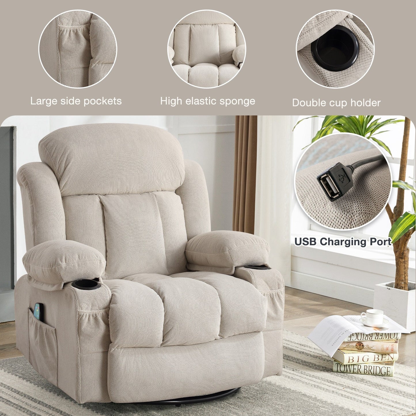 Dotted Velvet Massage Heated Manual Recliner Chair w/360° Swivel Base