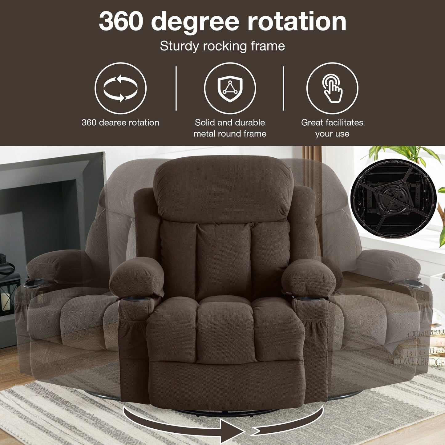 Dotted Velvet Massage Heated Manual Recliner Chair w/360° Swivel Base