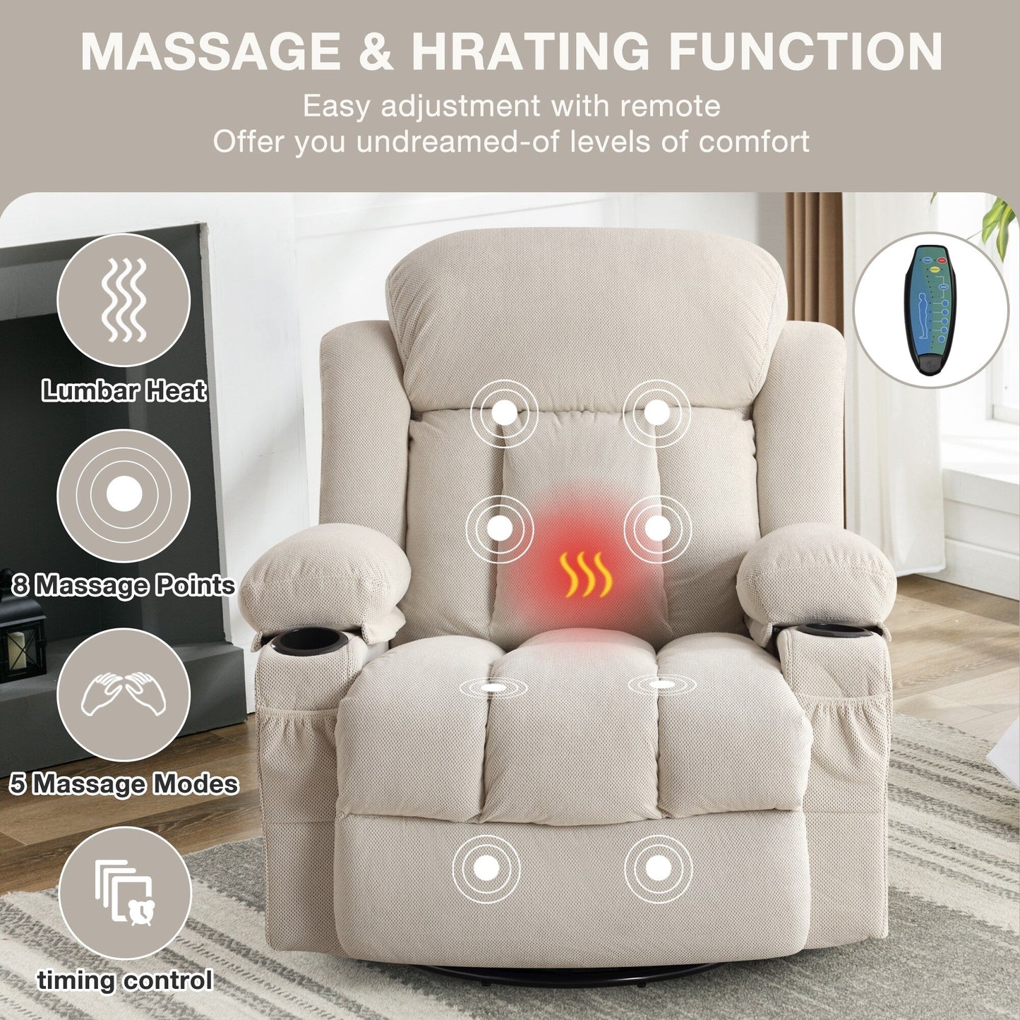 Dotted Velvet Massage Heated Manual Recliner Chair w/360° Swivel Base