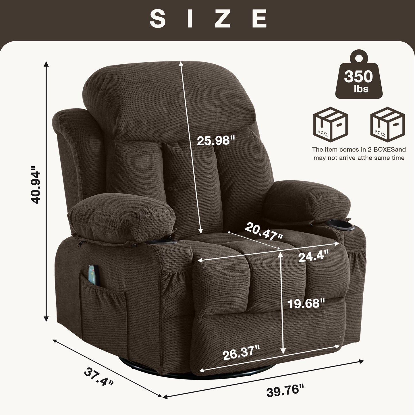 Dotted Velvet Massage Heated Manual Recliner Chair w/360° Swivel Base