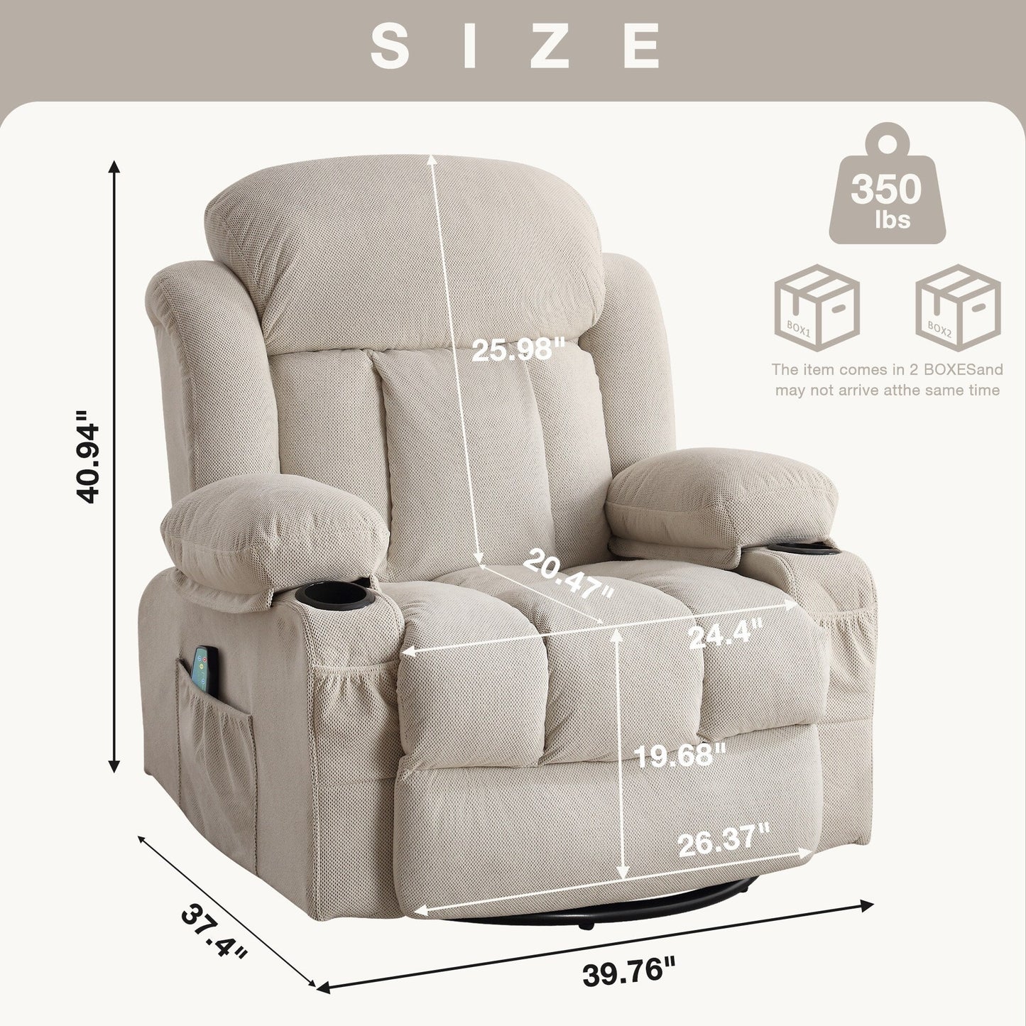 Dotted Velvet Massage Heated Manual Recliner Chair w/360° Swivel Base