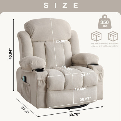 Dotted Velvet Massage Heated Manual Recliner Chair w/360° Swivel Base