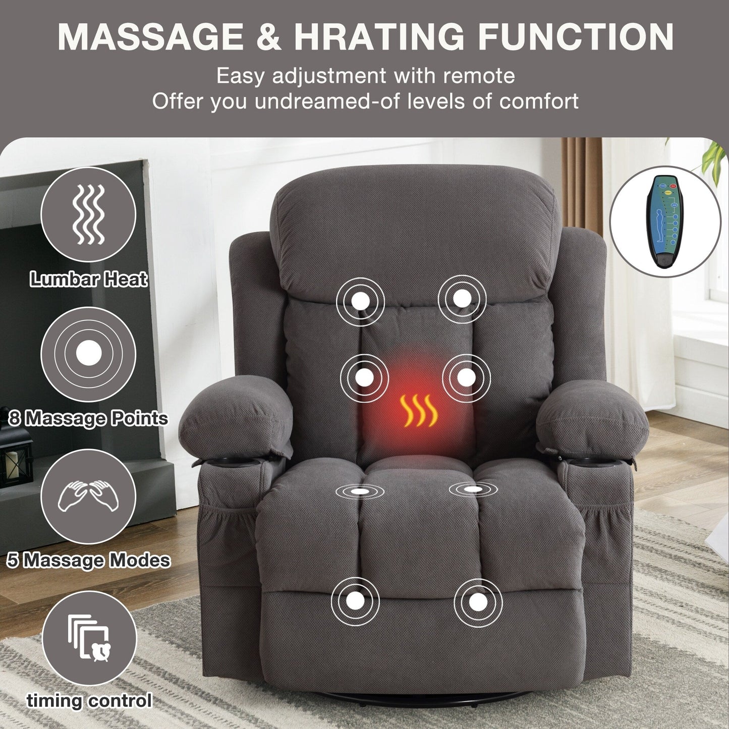 Dotted Velvet Massage Heated Manual Recliner Chair w/360° Swivel Base