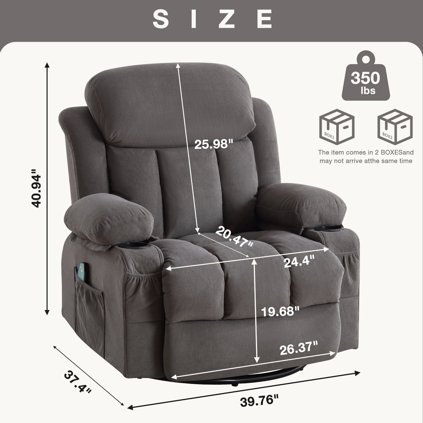 Dotted Velvet Massage Heated Manual Recliner Chair w/360° Swivel Base